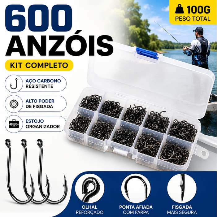 Kit Pesca: 600 Anzóis Chinu nos Tamanhos 3 ao 12 com Estojo de Armazenamento