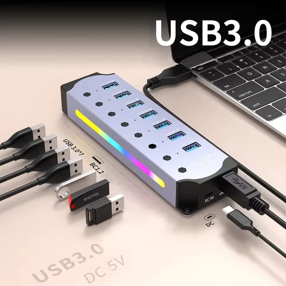 10 Em 1 Alimentado HUB USB Interface 3.0 Interruptor Individual RGB E-Marker Dissipação De Calor Design DC 5V Adaptador