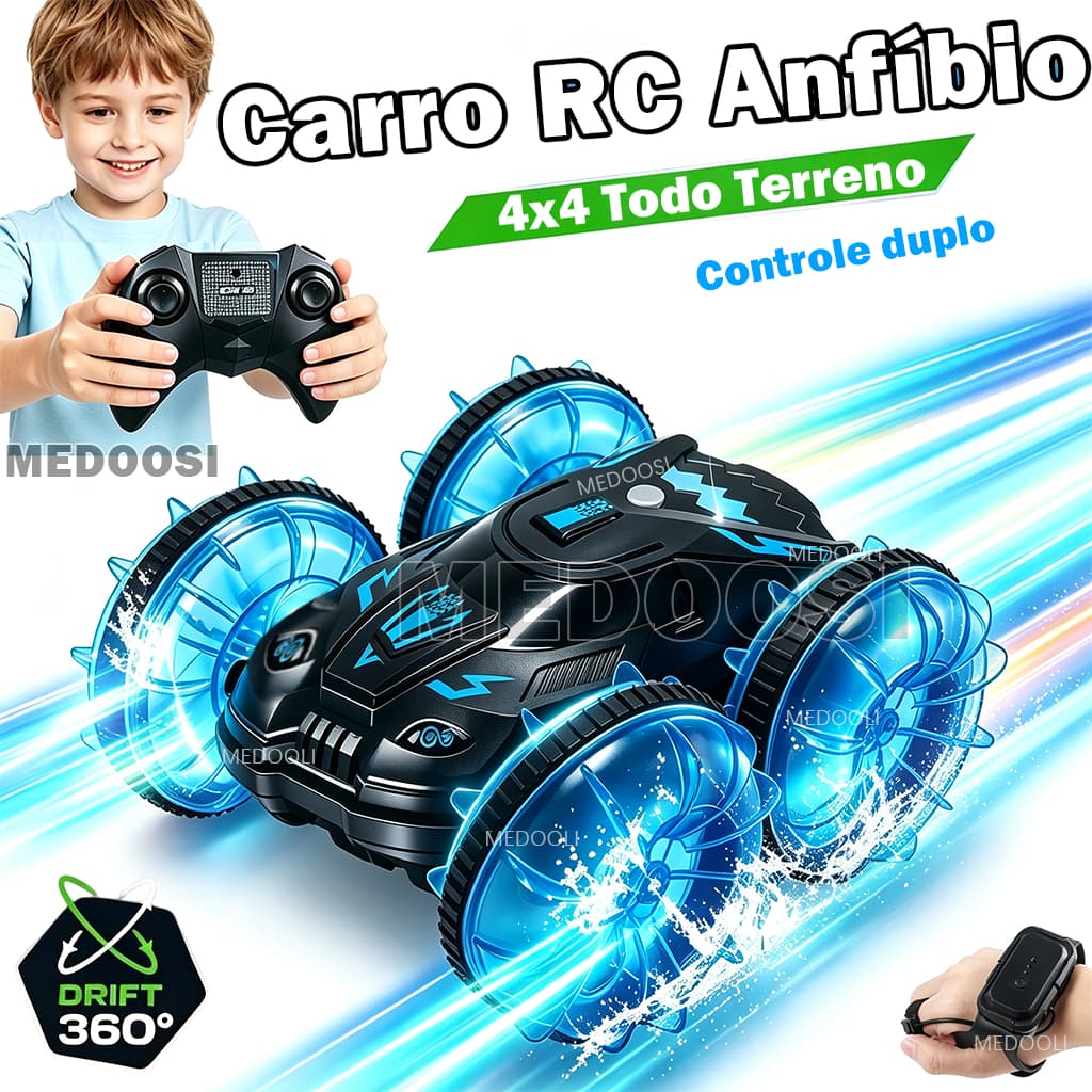 Carrinho Controle Remoto Anfíbio, Drift, Recarregável, Duplo Controle, Iluminado, Brinquedo Acrobático Infantil