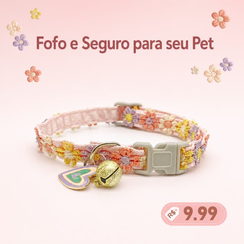 Coleira de Gato Bordada com Flores Ajustável, Sino e Pingente, Fivela de Segurança Antienforcamento