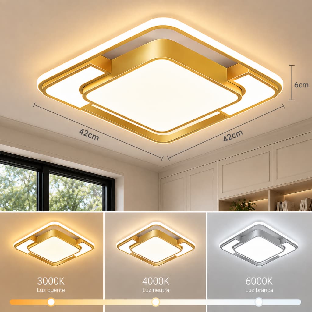 3 Cores Luminária De Teto LED Sobrepor Quadrada Com Controle Remoto 110V-220V 60W Quarto Sala de Estar Cozinha