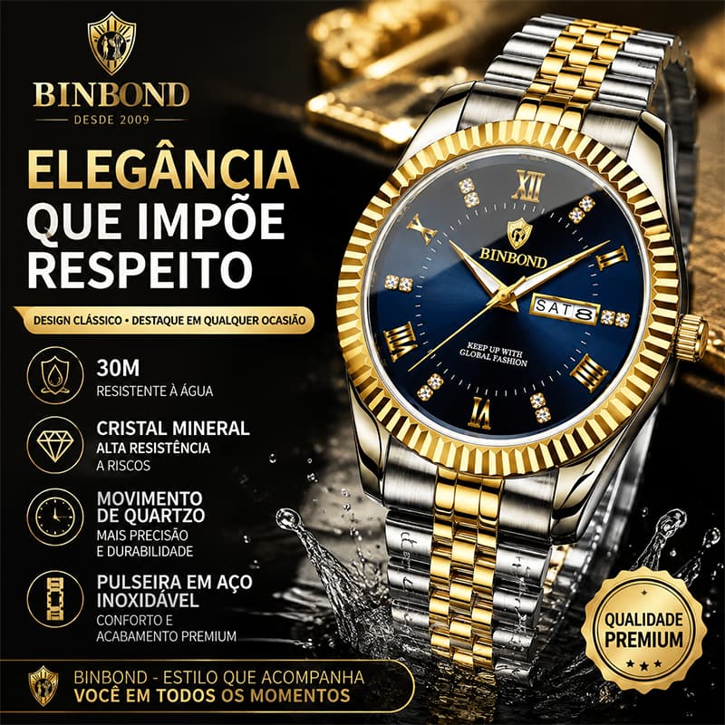Relógio Masculino de Luxo BINBOND Design Clássico Azul com Cristal Mineral Pulseira Metálica de Aço Inox 30M Resistente
