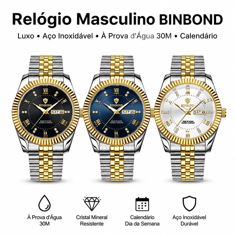 Relógio Masculino BINBOND Luxo Coração Azul com Pulseira de Aço Inoxidável Dourado Prateado 30M À Prova D'água Quartzo