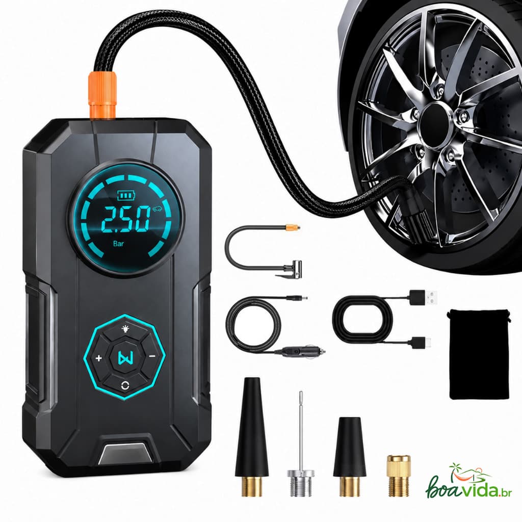 Mini Compressor de Ar Digital Portátil - USB Recarregável - Calibrador de Pneu Profissional