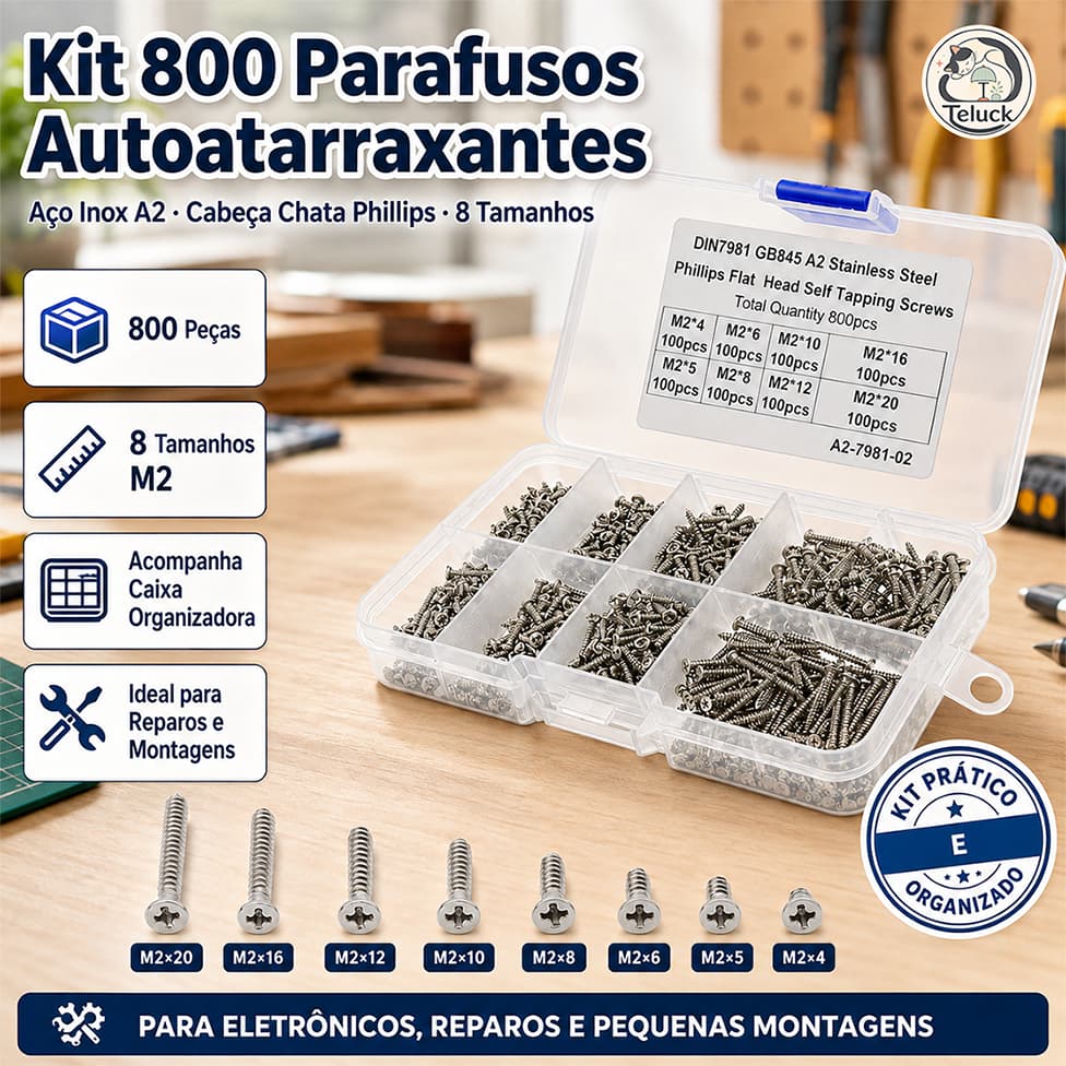 Kit 800 Peças Parafusos M2 Autoatarraxantes Phillips Aço Carbono Niquelado com Caixa Organizadora