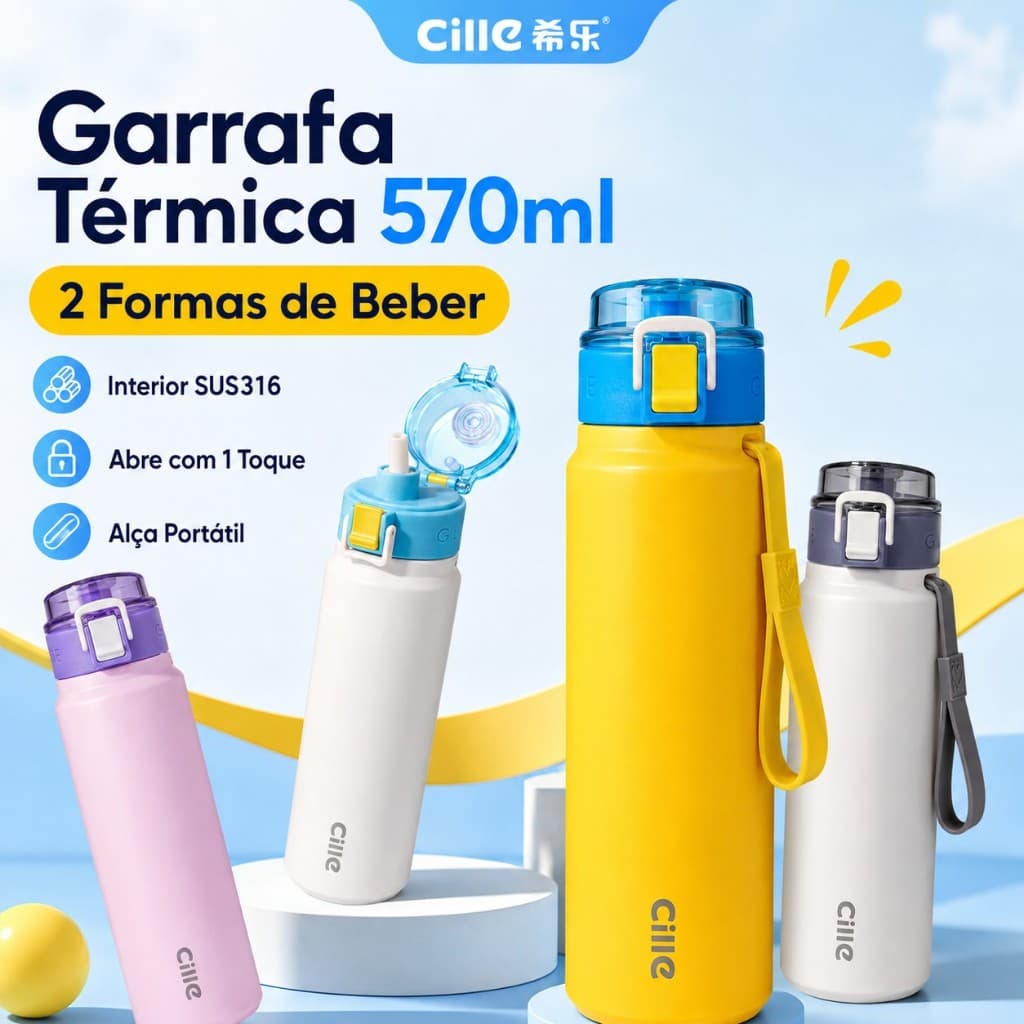 Garrafa Térmica 570ml 2 Formas de Beber com Canudo Inox SUS316 Tampa 1 Toque