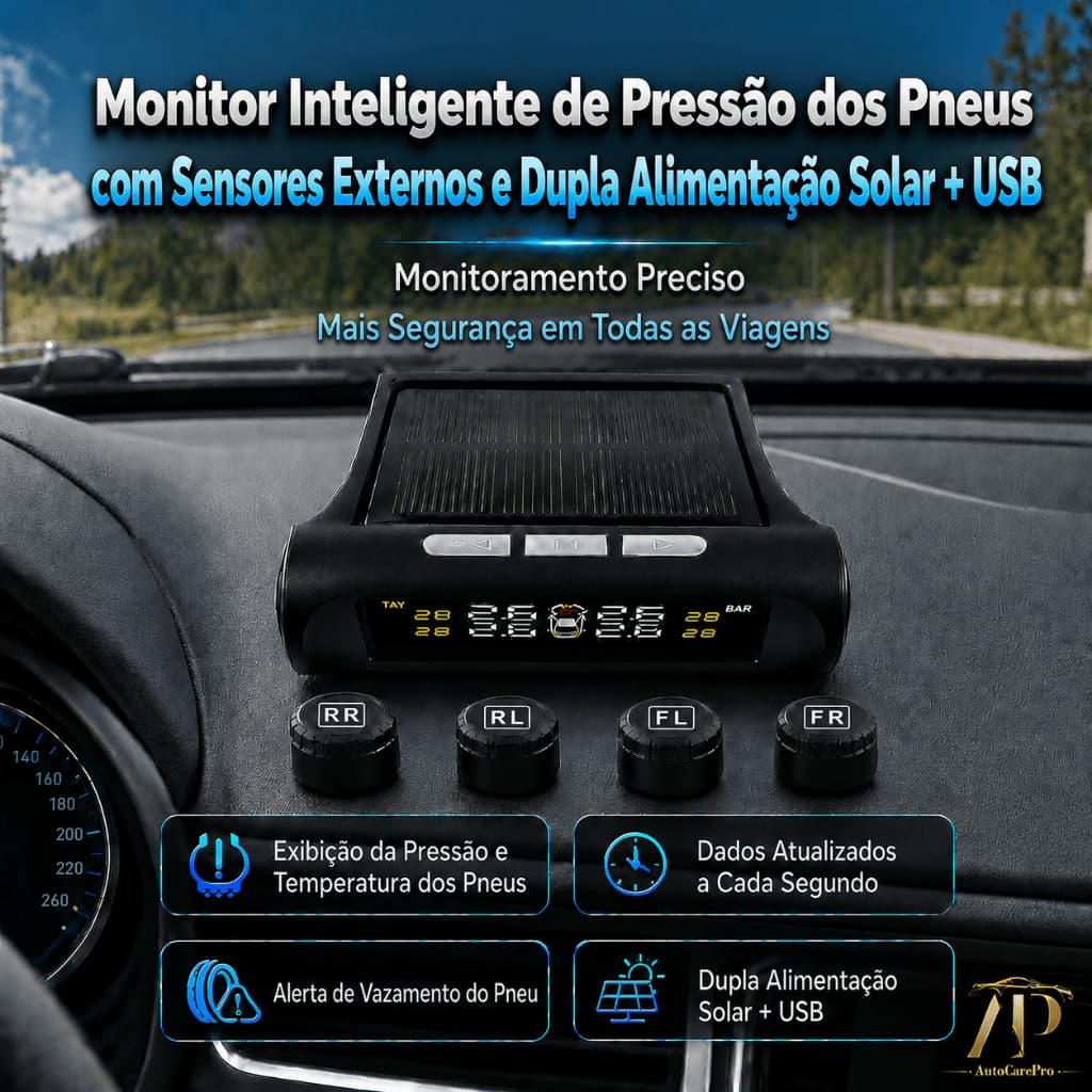 TPMS Sem Fio Solar + USB com 4 Sensores Externos, Monitor de Pressão e Temperatura dos Pneus, Alarme Sonoro para Carros