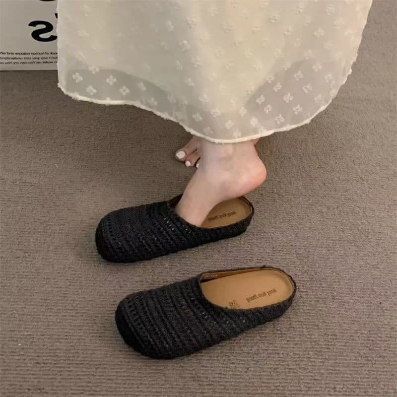 Nicho francês verão oco respirável Baotou meia chinelos exterior Wear feminino estilo romano Mules de sola grossa