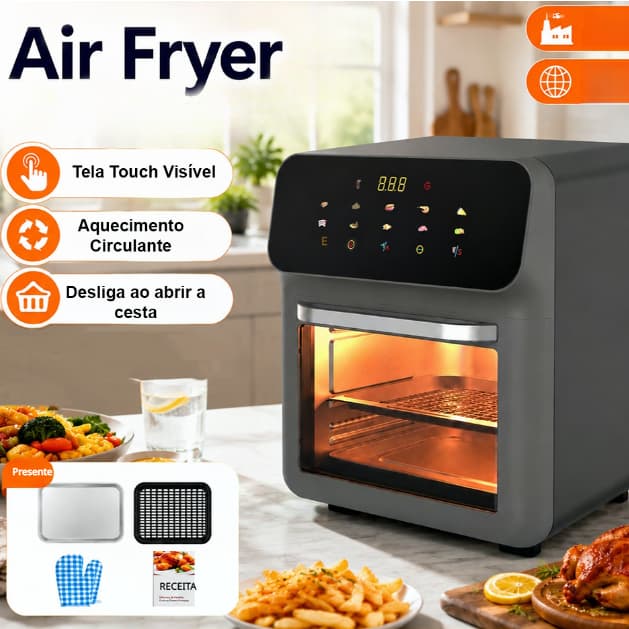 Forno Air Fryer 12L Digital Preto Escuro 1350W, faz frango frito, batata frita e muito mais