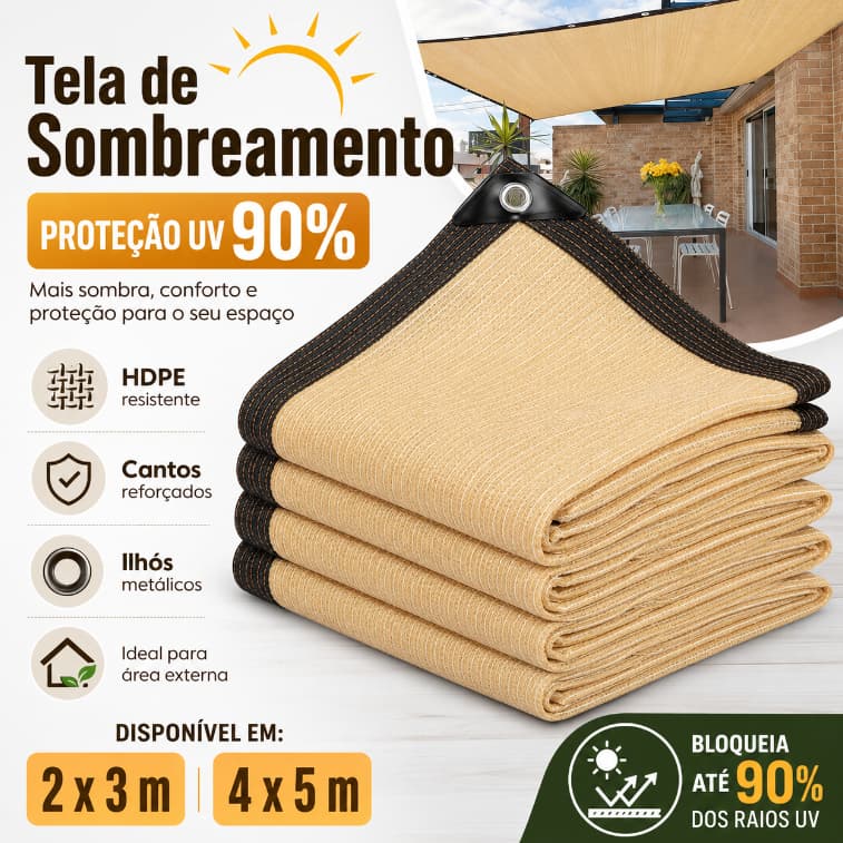 Tela Sombrite 90% 4x5m Bainha Reforçada Com Llhos Metálicos