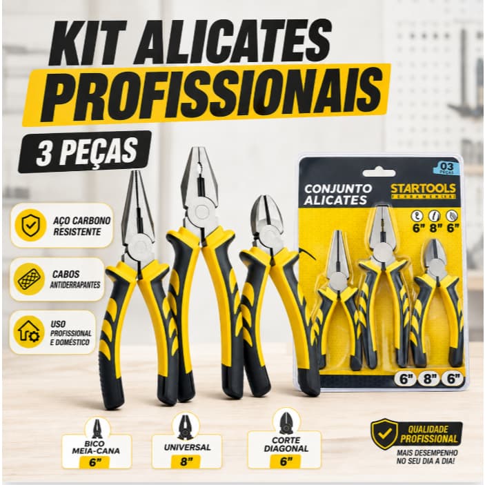 kit 3 alicates 6” aço forjado corte universal e bico profissional