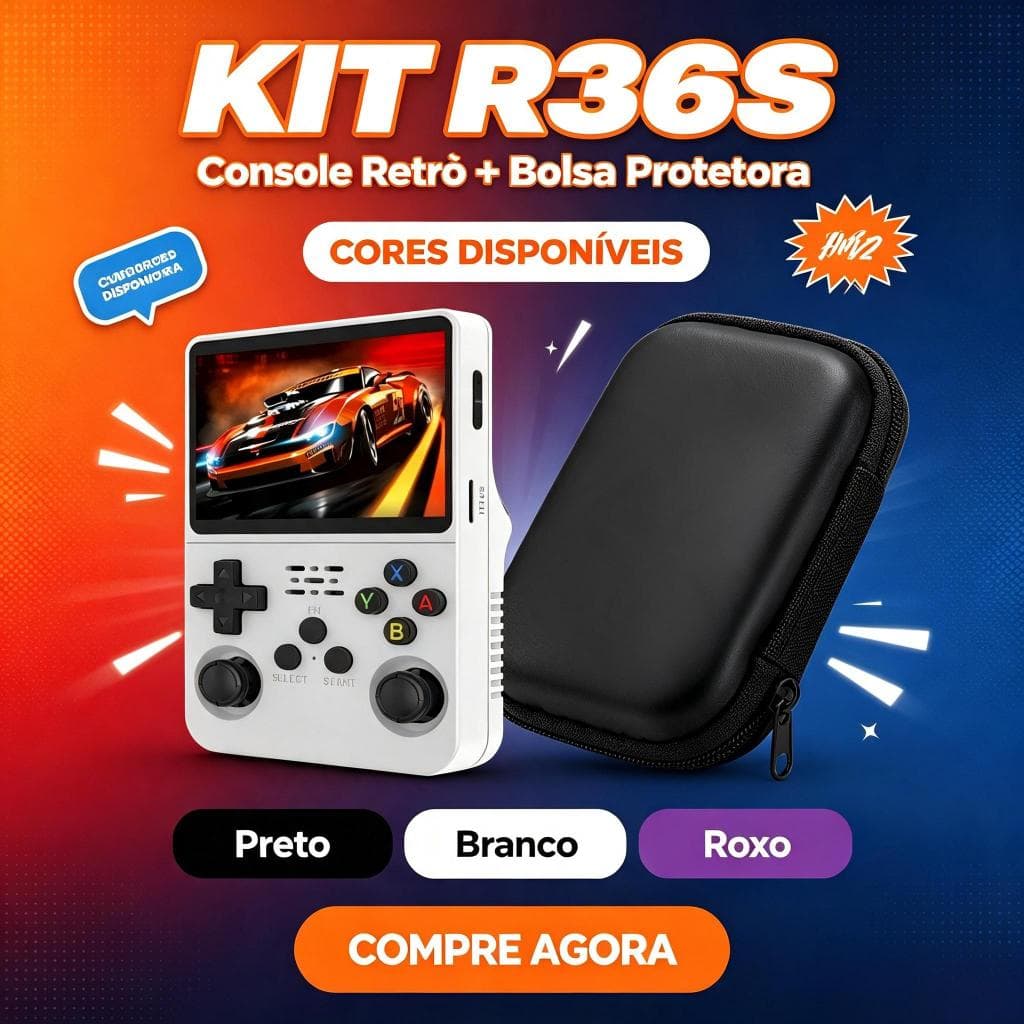 Console Retrô Portátil R36S 64GB 15000 Jogos Tela IPS 3.5 Com Bolsa Protetora Kit Completo Pronta Entrega