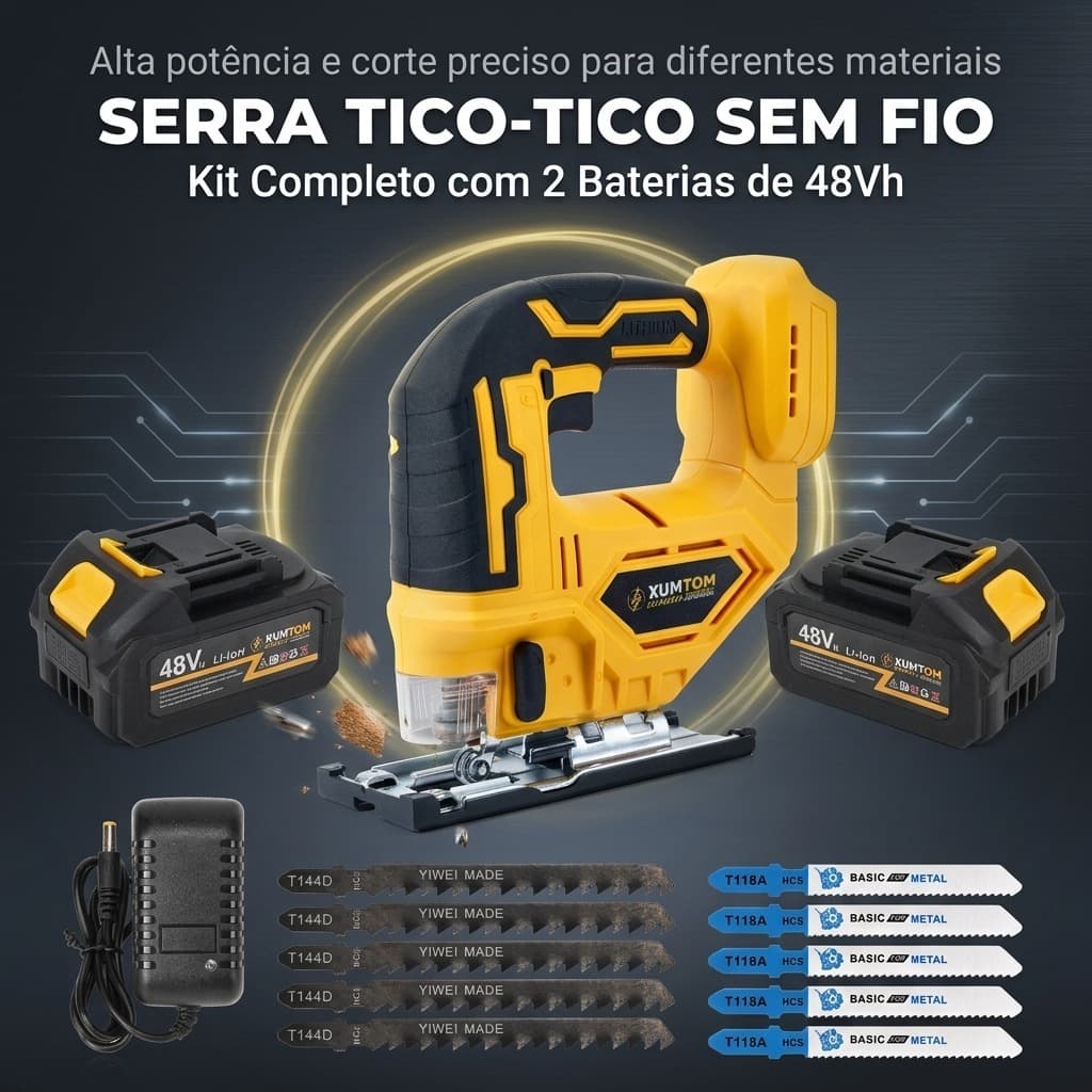 Kit De Serra tico ‐ Sem Fio 48V Com 2 Baterias Recarregáveis E 10 Lâminas Para Cortar Madeira , Metal , Carpintaria , Fa