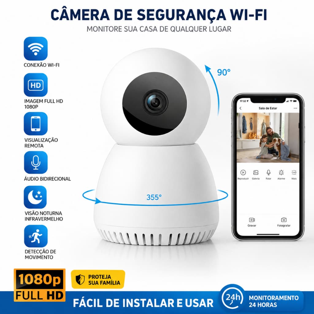 Câmera de Segurança WiFi 2.4G 1MP 360° Rastreamento Automático Monitor Bebê Idoso Pet Visão Noturna