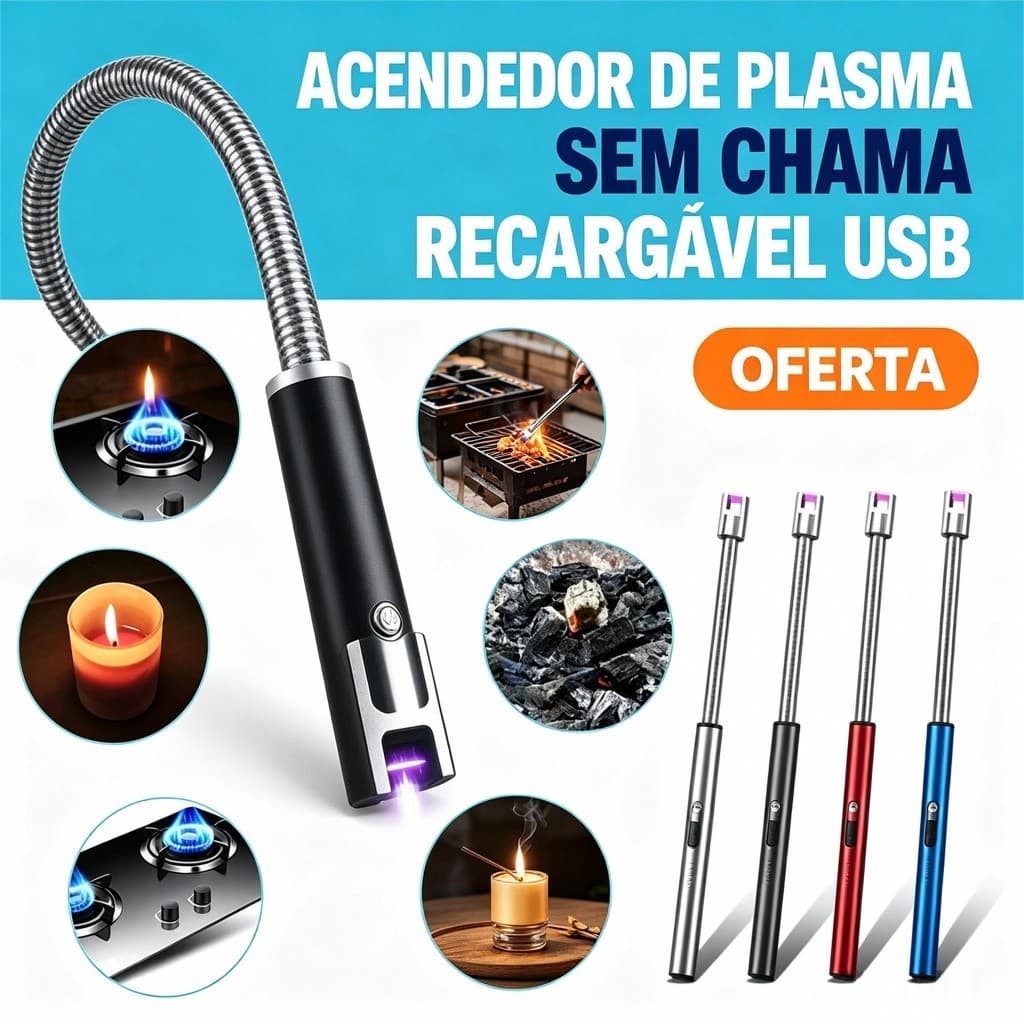 Acendedor de Plasma Recarregável USB Sem Chama Haste Flexível 360° Para Fogão Vela Churrasco Camping