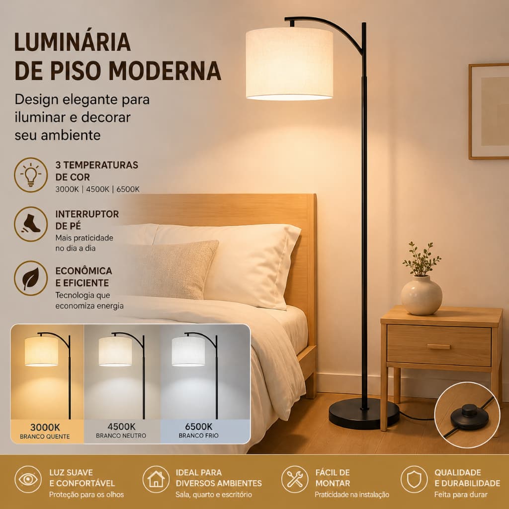 Luminária De Chão 1,70m Quarto Sala 3 Niveis De Luz Leitura Lustre 110/220v Bivolt