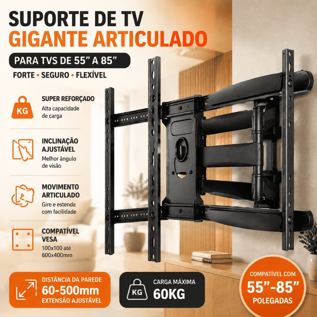 Suporte Tv Grande Gigante Articulado 55 A 85 Reforçado Giant Preto Suporte De Parede