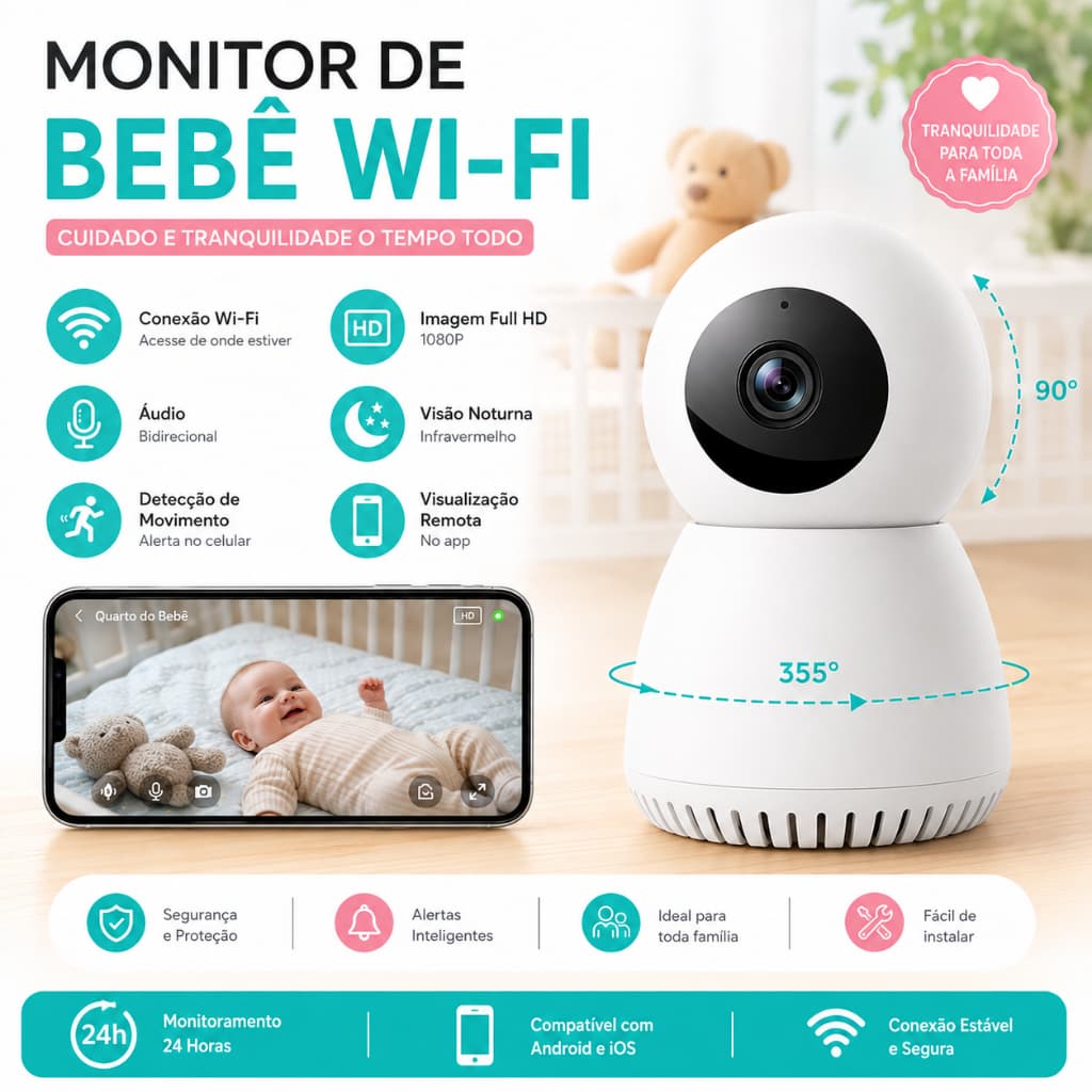 Câmera de Segurança WiFi 1MP 360° Rastreamento Automático Monitor Bebê Idoso Pet Visão Noturna
