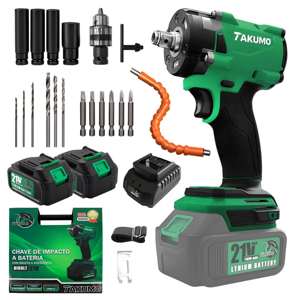 Chave de Impacto Parafusadeira Furadeira 21V Sem Fio, 2 Baterias Recarregáveis Potente Profissional