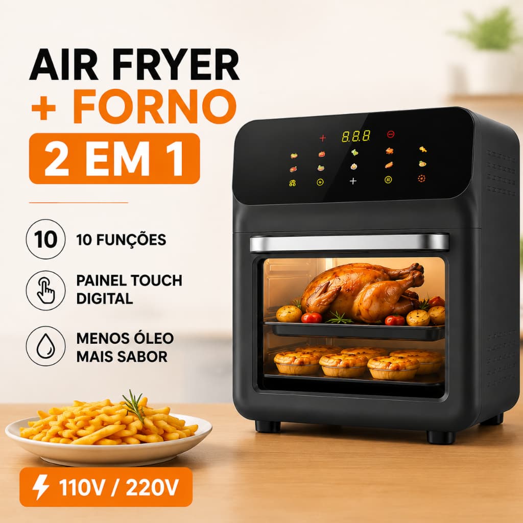 Air Fryer Oven 12L 2 em 1 Forno Elétrico Fritadeira Sem Óleo 10 Funções Painel Touch Digital
