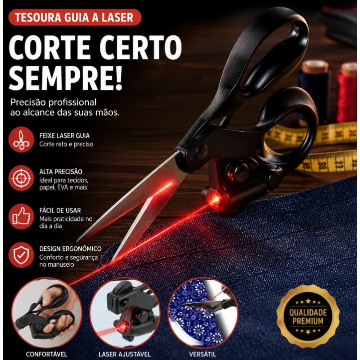 Tesoura com Guia Laser Cortes Precisos, Ideal para Papelaria, Costura e Patchwork
