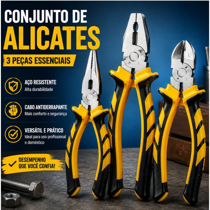 Kit de Alicates Premium 3 Peças Bico Reto 6" Corte 6" Universal 8"