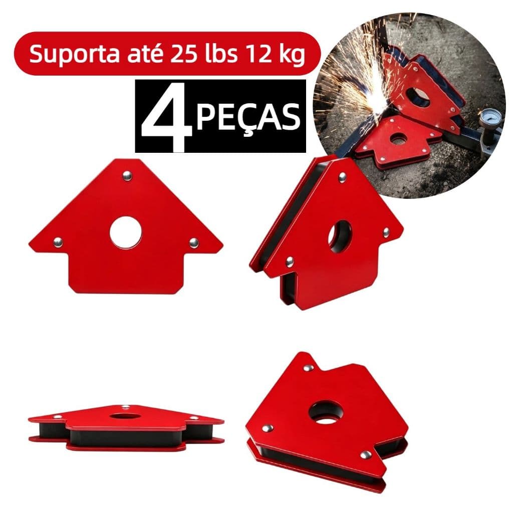 Kit 4 Esquadro Magnético 12kg profissional Espessura de 14 mm Soldagem Metalico Imantado Espessura Ângulo 45° 90° 135