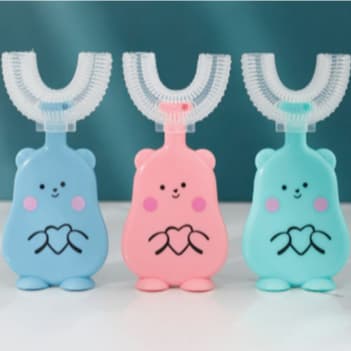 Escova de dentes em forma de U 2-12 anos Manual criativo de desenho animado Escova de dentes de látex de Silicone PP