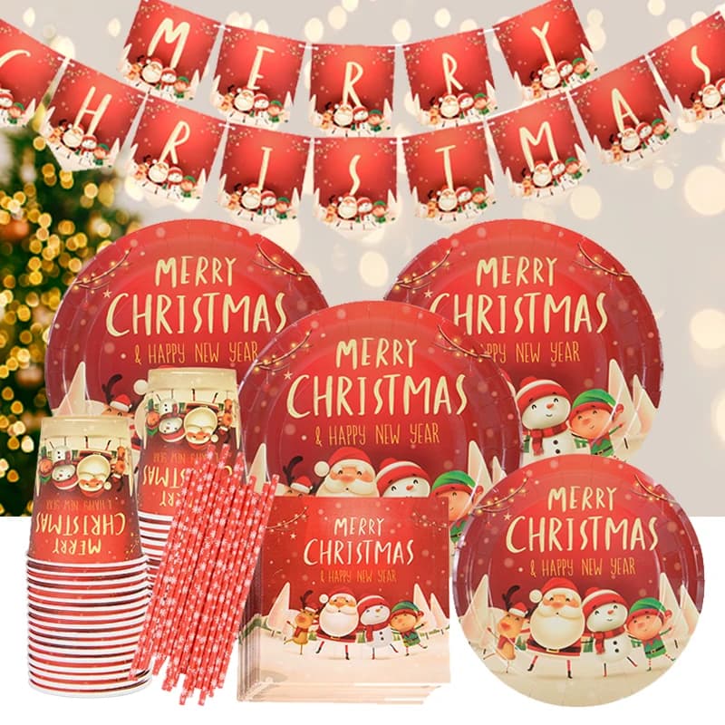 Feliz Natal Tema Festa Conjunto De Talheres Descartáveis Canudos De Papel Prato Copo Ano Novo Jantar Mesa Decoração