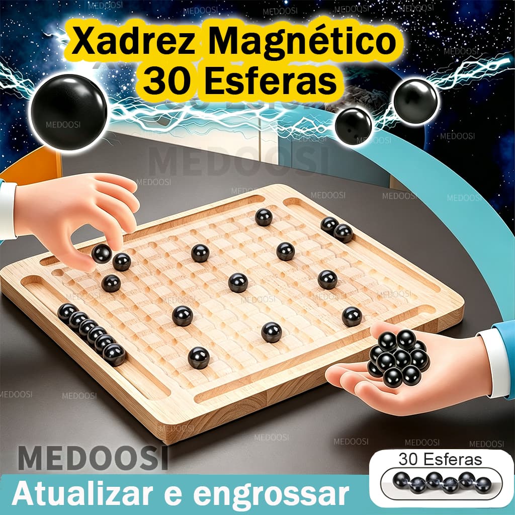 Xadrez Magnético de Madeira com 30 Esferas, Jogo Educativo Tabuleiro Portátil, Estratégia e Lógica, Interação Infantil