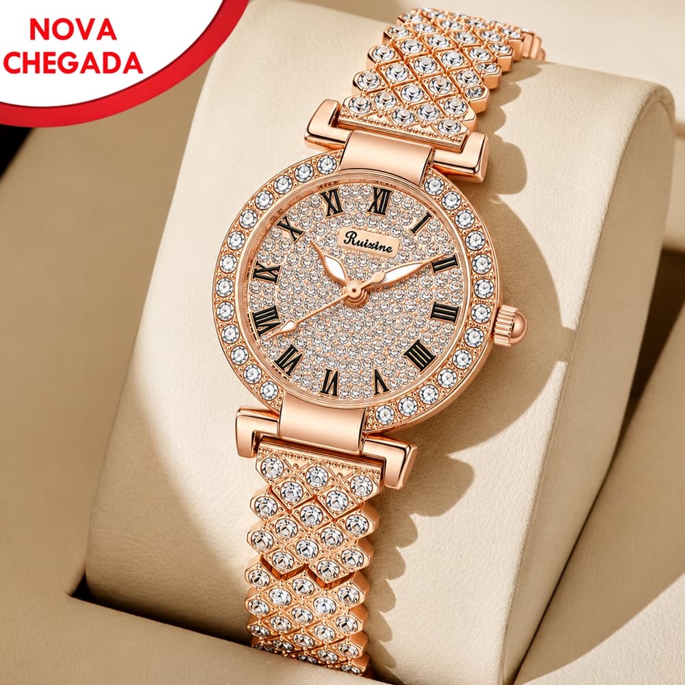 Relógio Feminino Quartz：Luxo Mostrador Cheio de Cristais，Ouro Rosa Aço Inoxidável，Presente Ideal