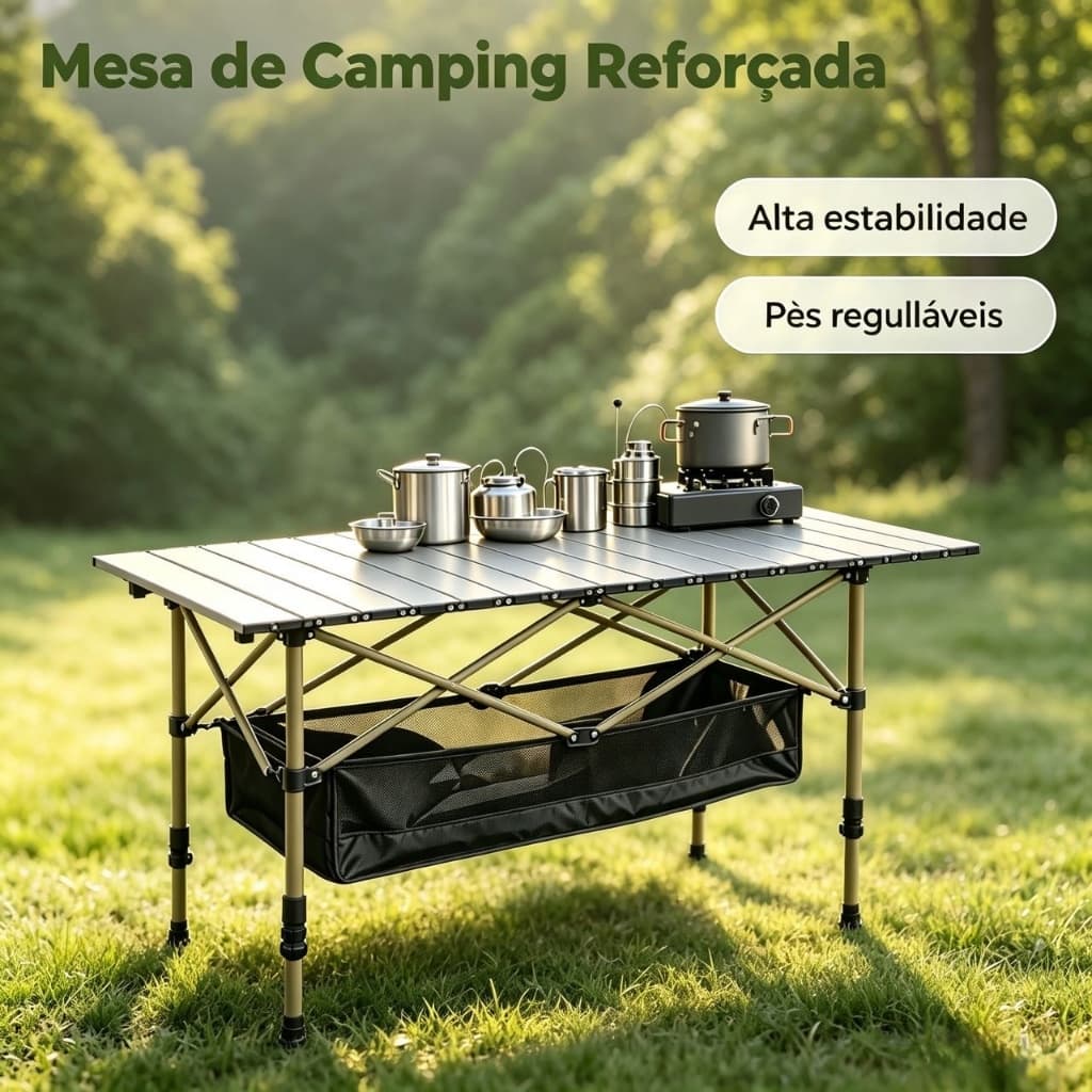 Mesa Retangular Dobrável Alumínio Camping Ajustável Altura 95cm 120cm Com Rede Armazenagem e Bolsa