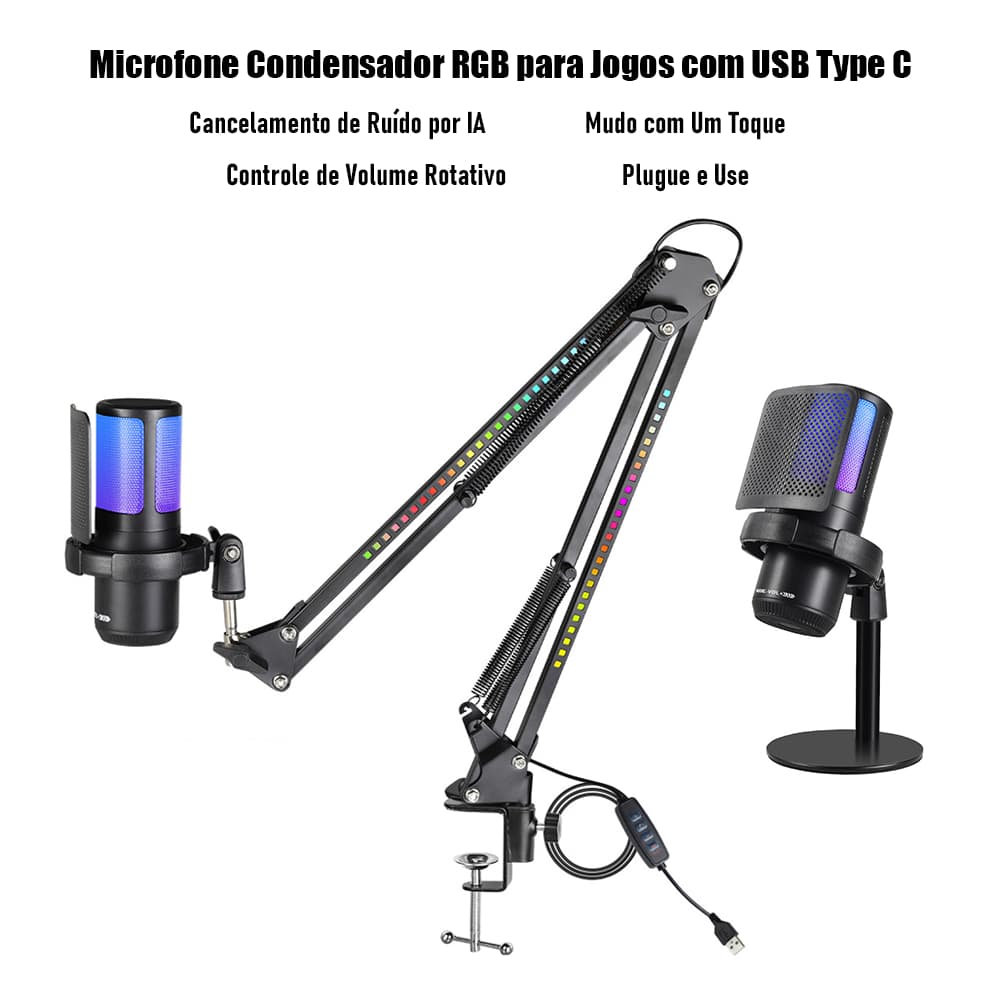 Microfone Condensador USB Com Cancelamento De Ruído AI Luzes RGB Volume Rotativo Mudo De Uma Torneira Para Telefone PC