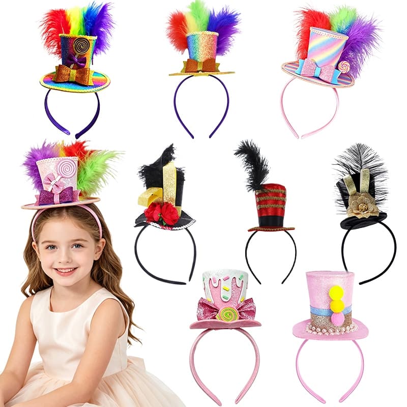 Mini Chapéu Superior Bandana Colorido Pena Arco Pirulito Festa Hairband Para Crianças Carnaval Decoração Adereços