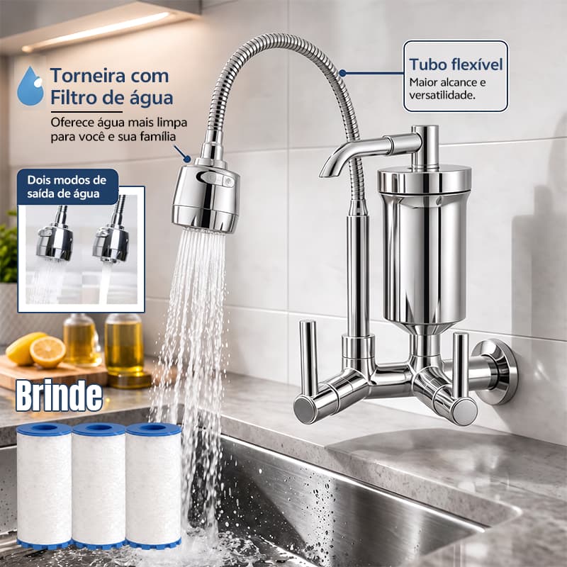 Torneira Prática De Parede De Cozinha Com Filtro Integrado , Modos Duplos De Água E Bico Flexível