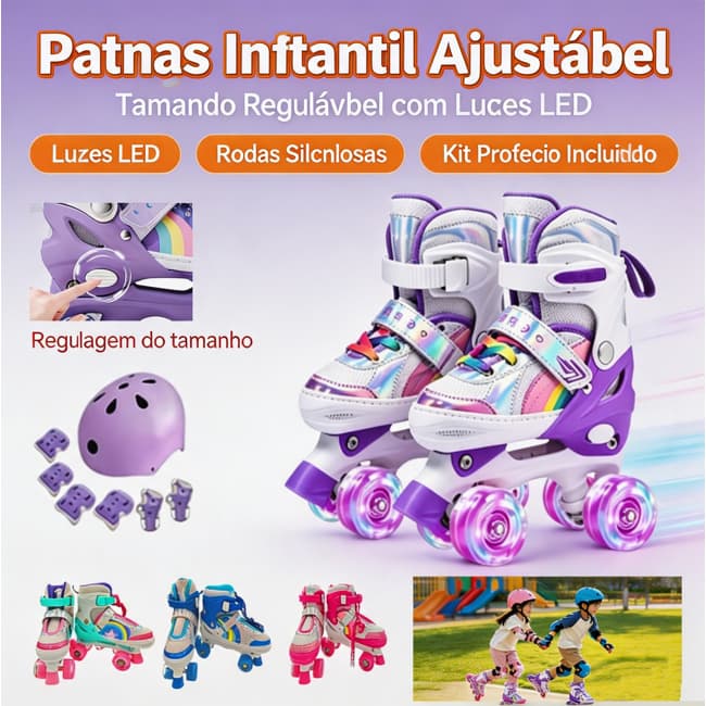 Patins Infantil 4 Rodas Com LUZ De LED Arco Íris Ajustável+Kit Proteção E Sem Kit Proteção