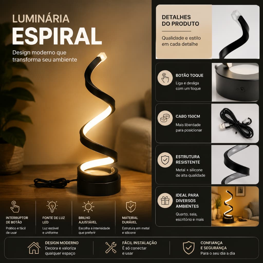 Luminária de Mesa Espiral LED Botão USB Brilho Ajustável, Decoração Moderna para Quarto, Sala e Escritório