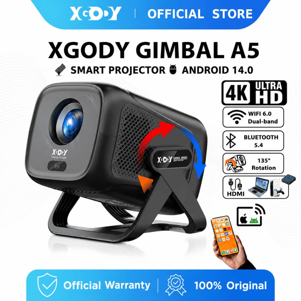 Projetor XGODY Gimbal A5 Para Telefone 4K Ultra HD 1080P TV 450ANSI Integrado YouTube/Netflix Android 14