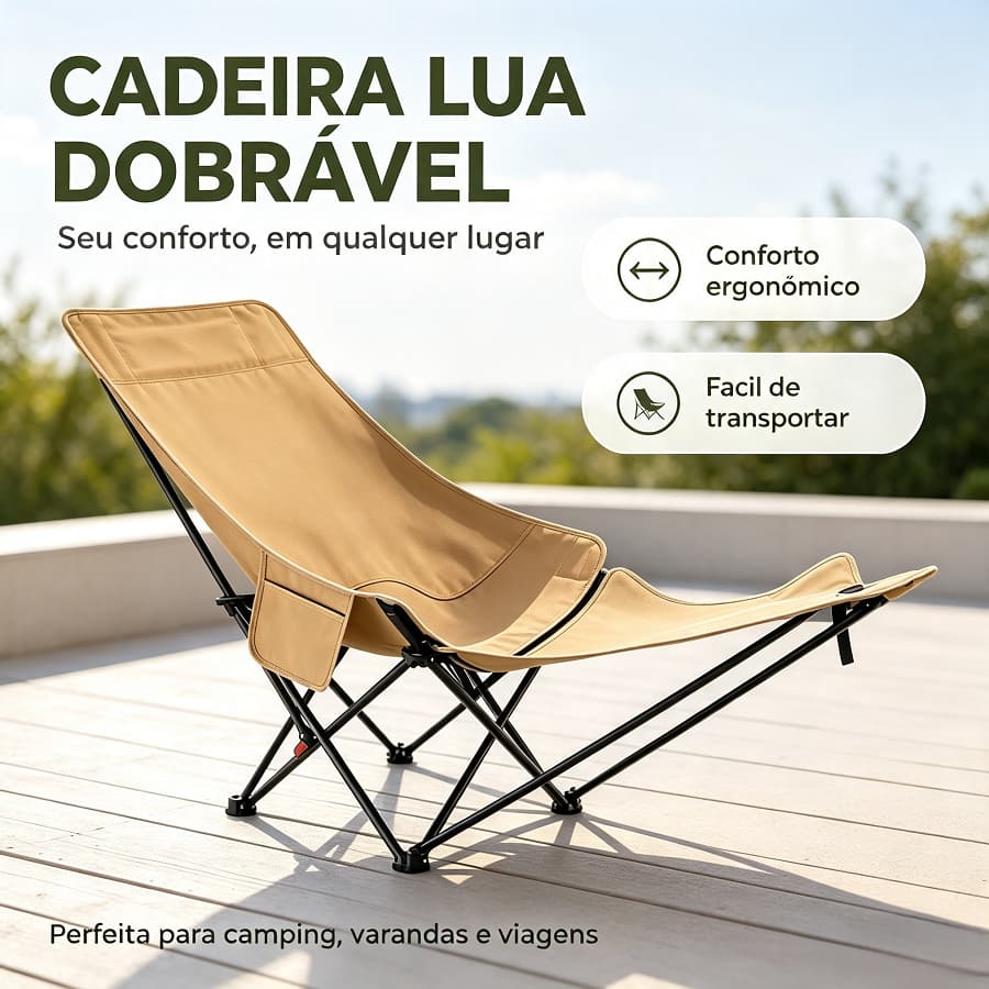 Cadeira Lua Reclinável Dobrável Camping Suporta 120kg Com Bolsa Lateral e Apoio de Pés Removível