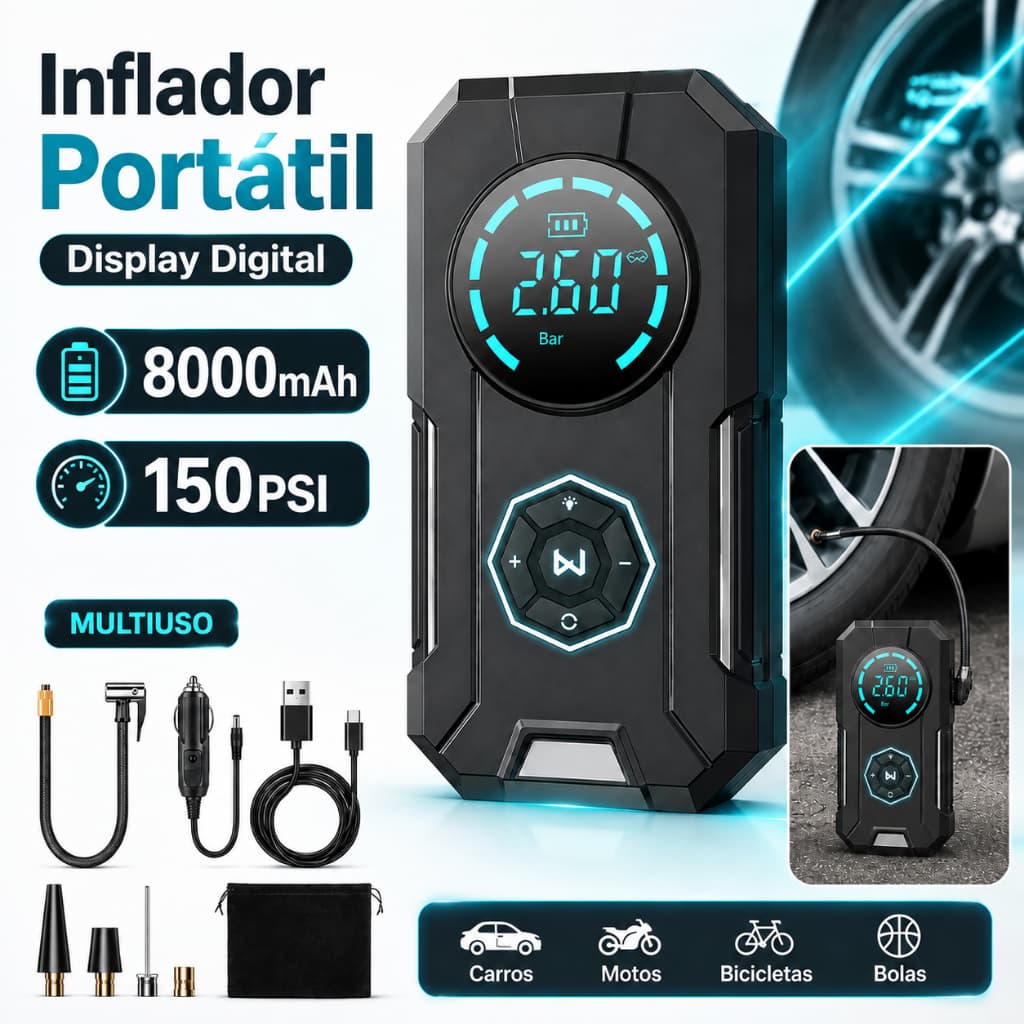 Compressor Ar Portatil 8000mAh Power Bank Inflador Digital Pneu Carro Moto Bicicleta Sem Fio