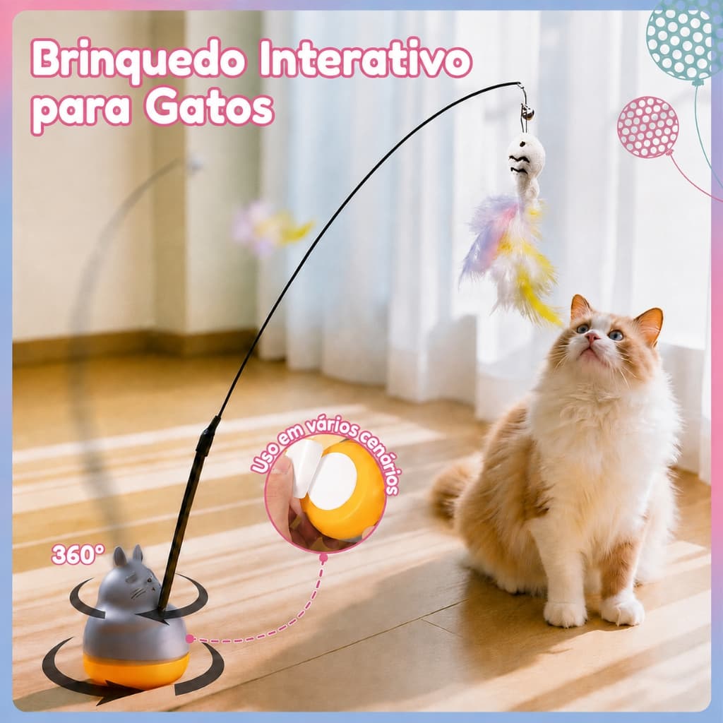 Brinquedo Gato Varinha Interativa 2 em 1 Giratória com Penas Adesivo 3M Anti-Stress