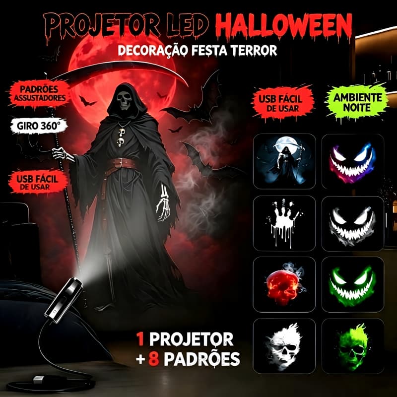 Projetor Halloween USB LED Crânio Fantasma 360° | Padrões Comutáveis Luz Ambiente Noturno