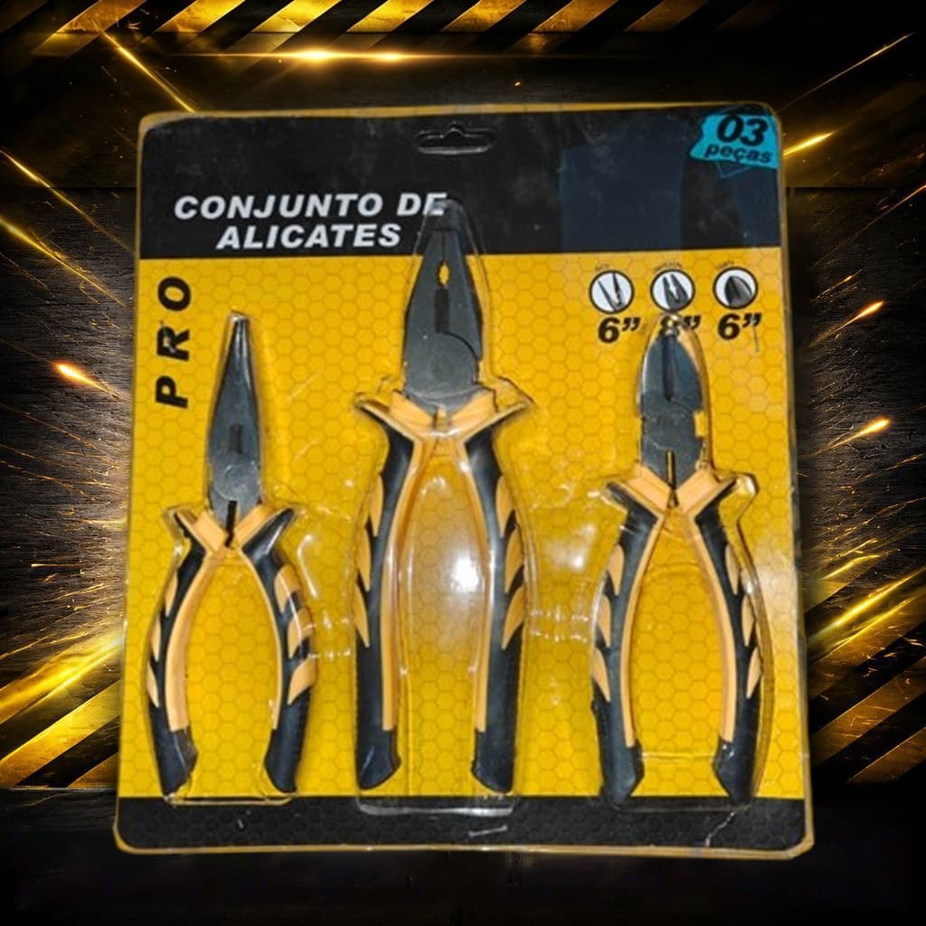 Kit 3 Peças Alicates Profissionais Universal, Bico Fino e Corte Diagonal Aço Carbono