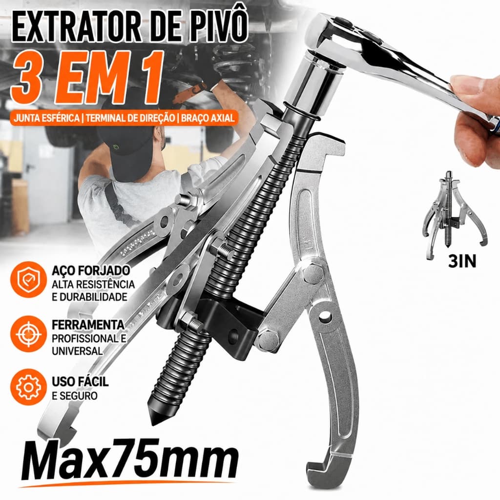 Saca Rolamento e Polia 3Polegadas 75mm Aço Saca Polia Manual 3 Garras Metal Extrator