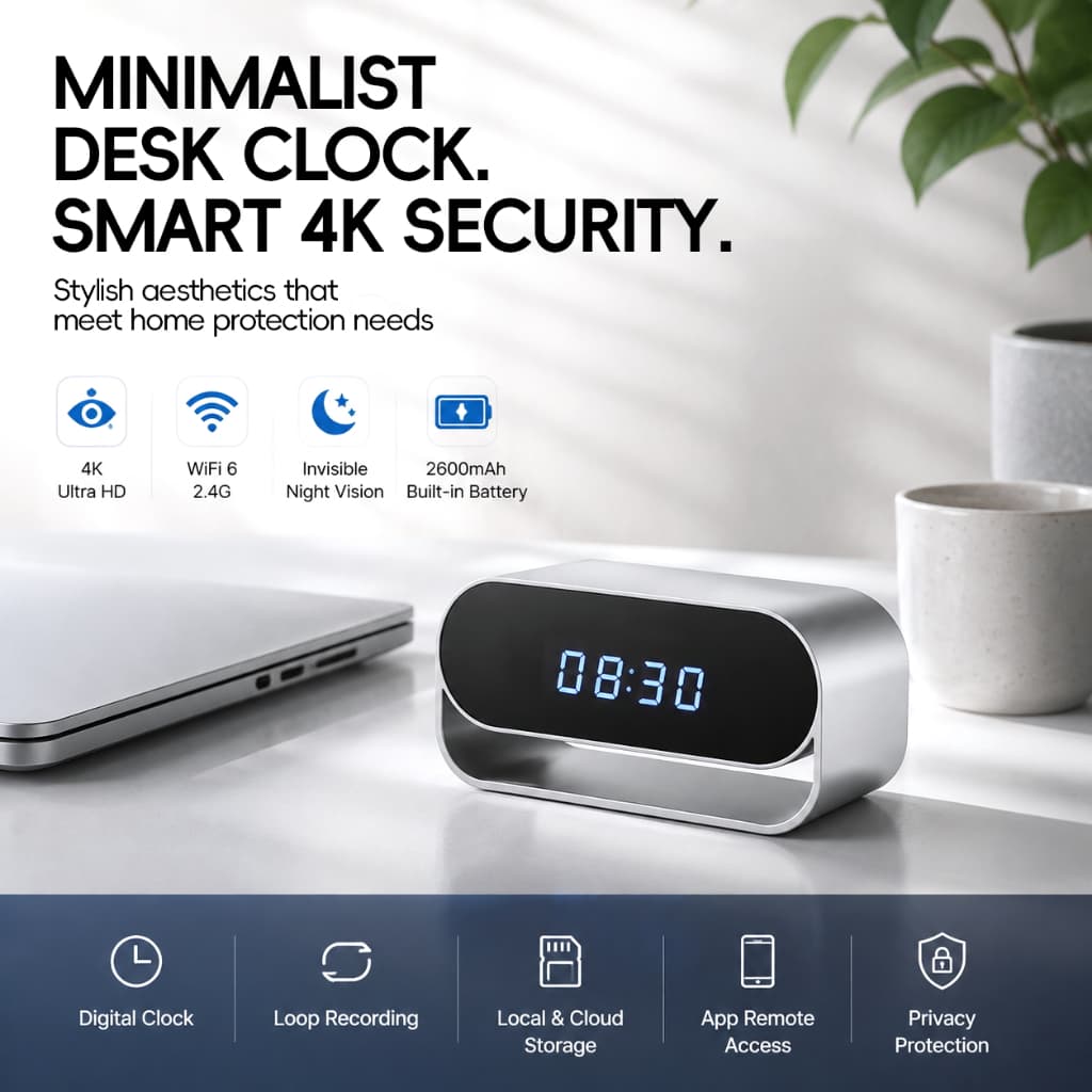 Despertador Câmera 4K UHD Wifi Relógio Controle Sem Fio IR Visão Noturna 2600mAh Bateria Alarme De Detecção De Movimento