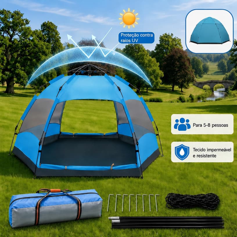 Barraca Camping Impermeavel 3000mm 5-8 Lugares Grande Ventilacao  270x270x145cm