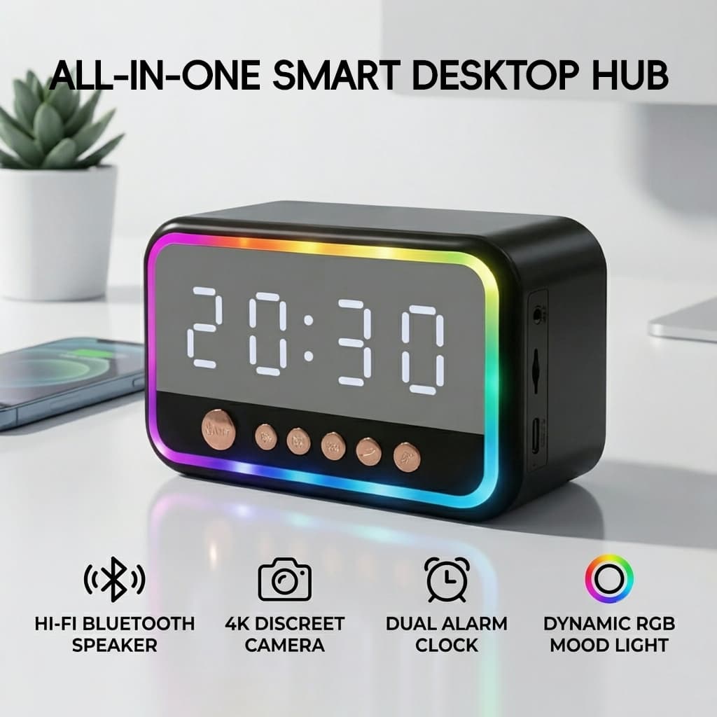 Câmera 4K UHD WiFi Com Relógio Multifuncional RGB Espelhada Colorida Detecção De Movimento , Alto-Falante , De Rádio FM