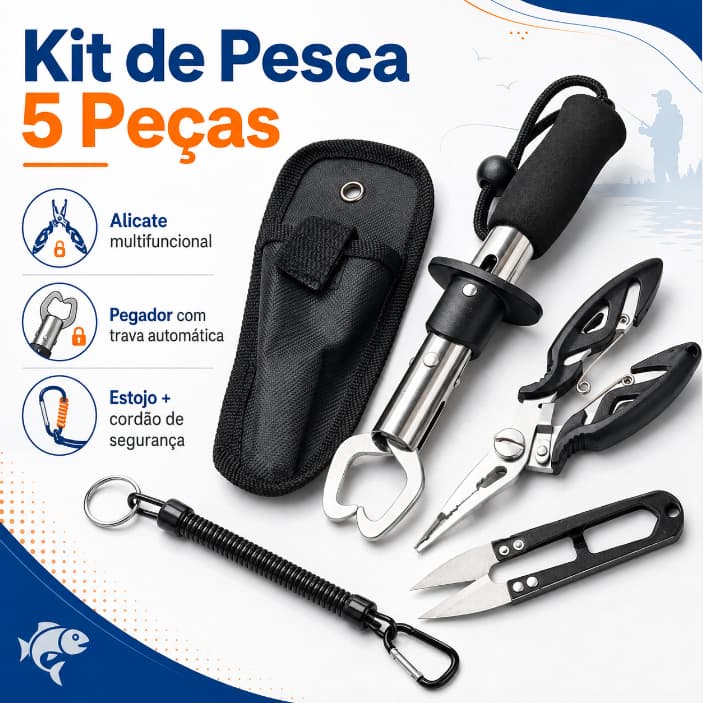 Kit 5 Peças Ferramentas de Pesca Alicate Multifuncional+Pegador de Peixe com Corda Anti-Queda e Capa