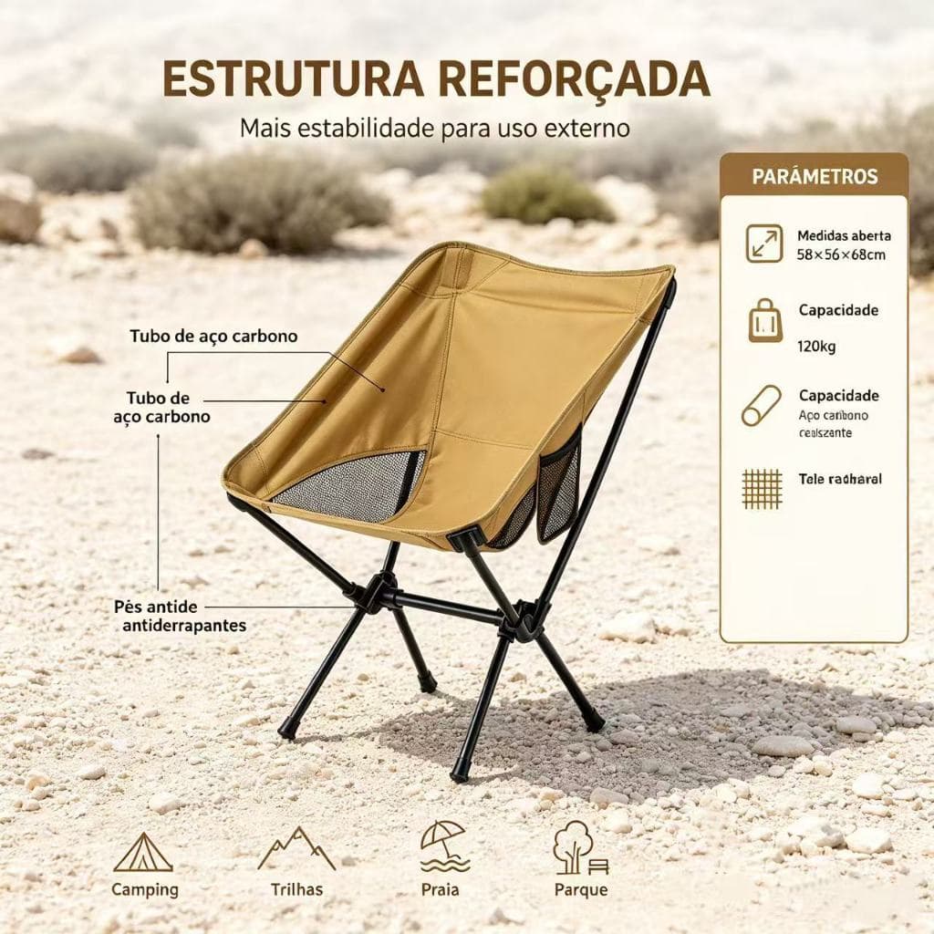 Cadeira Dobrável Lua Malha Respirável Estrutura De Aço Carbono Bolso Lateral Com Bolsa De Transporte Acampamento Praia