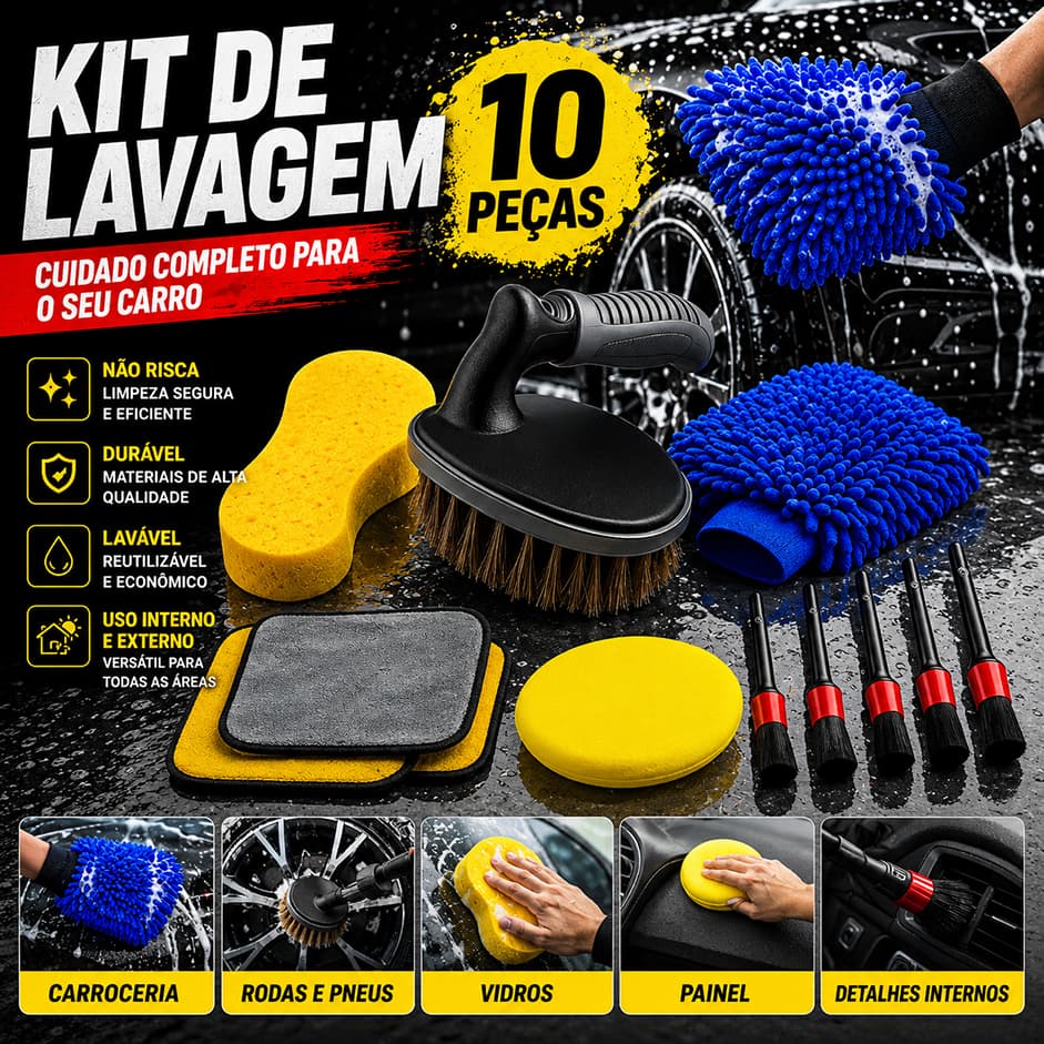 Kit 10 Peças Lavagem Automotiva Esponja + Escova de Pneu + Flanela + Aplicador de Cera + Kit Pincel + Luva Microfibra